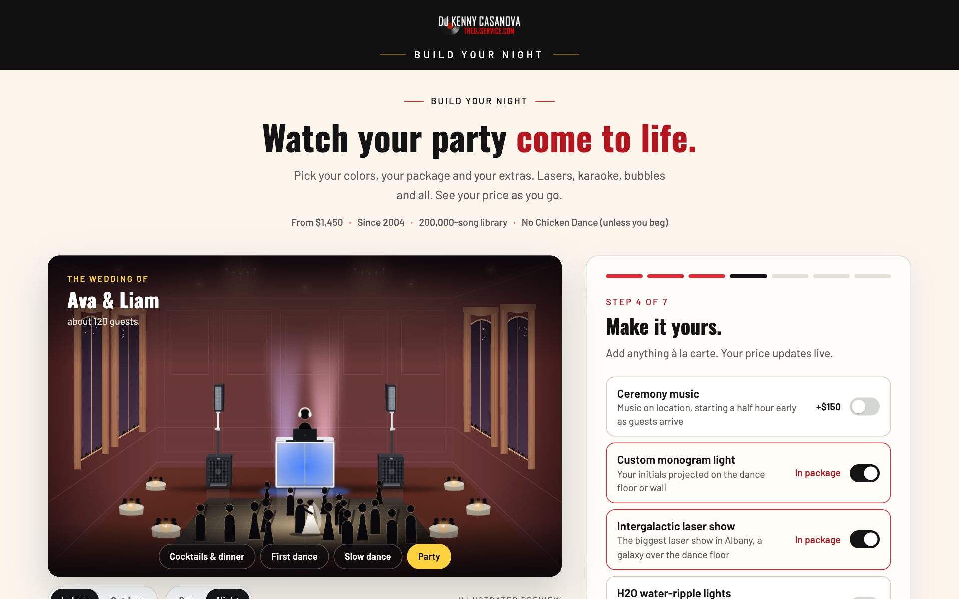 The Build Your Night planner showing a lit reception room and live pricing