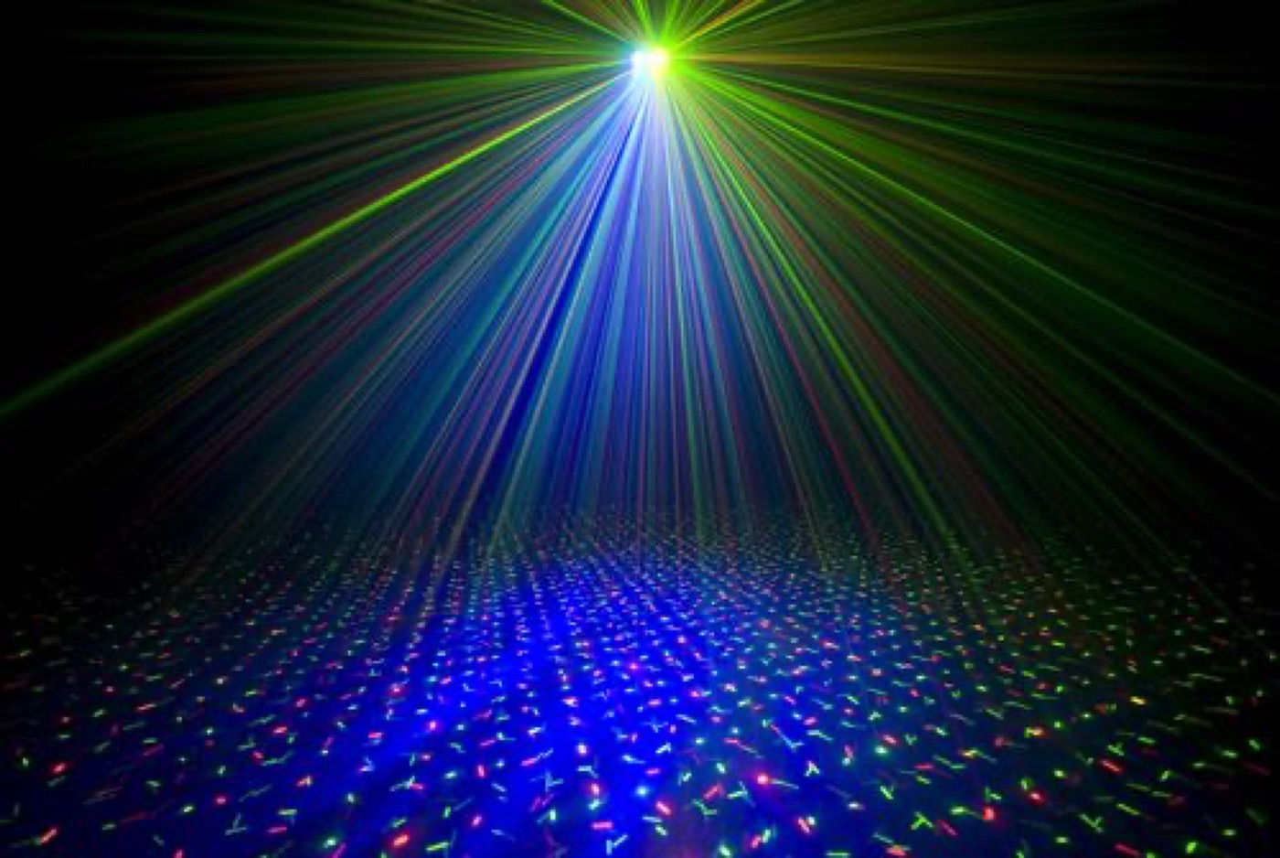 Green and blue laser beams over a dance floor